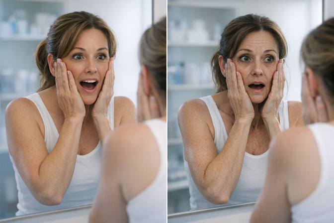 Antes e depois: mulher observando mudanças no rosto após emagrecimento
