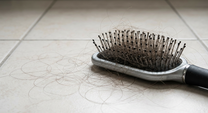 Escova com cabelos caídos no chão — eflúvio telógeno pós-emagrecimento