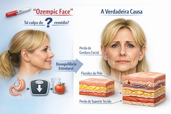 Mecanismo do Ozempic face: perda de gordura facial, flacidez e perda de suporte do tecido
