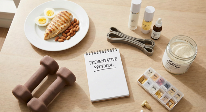 Protocolo preventivo: alimentação proteica, treino, suplementação e skincare